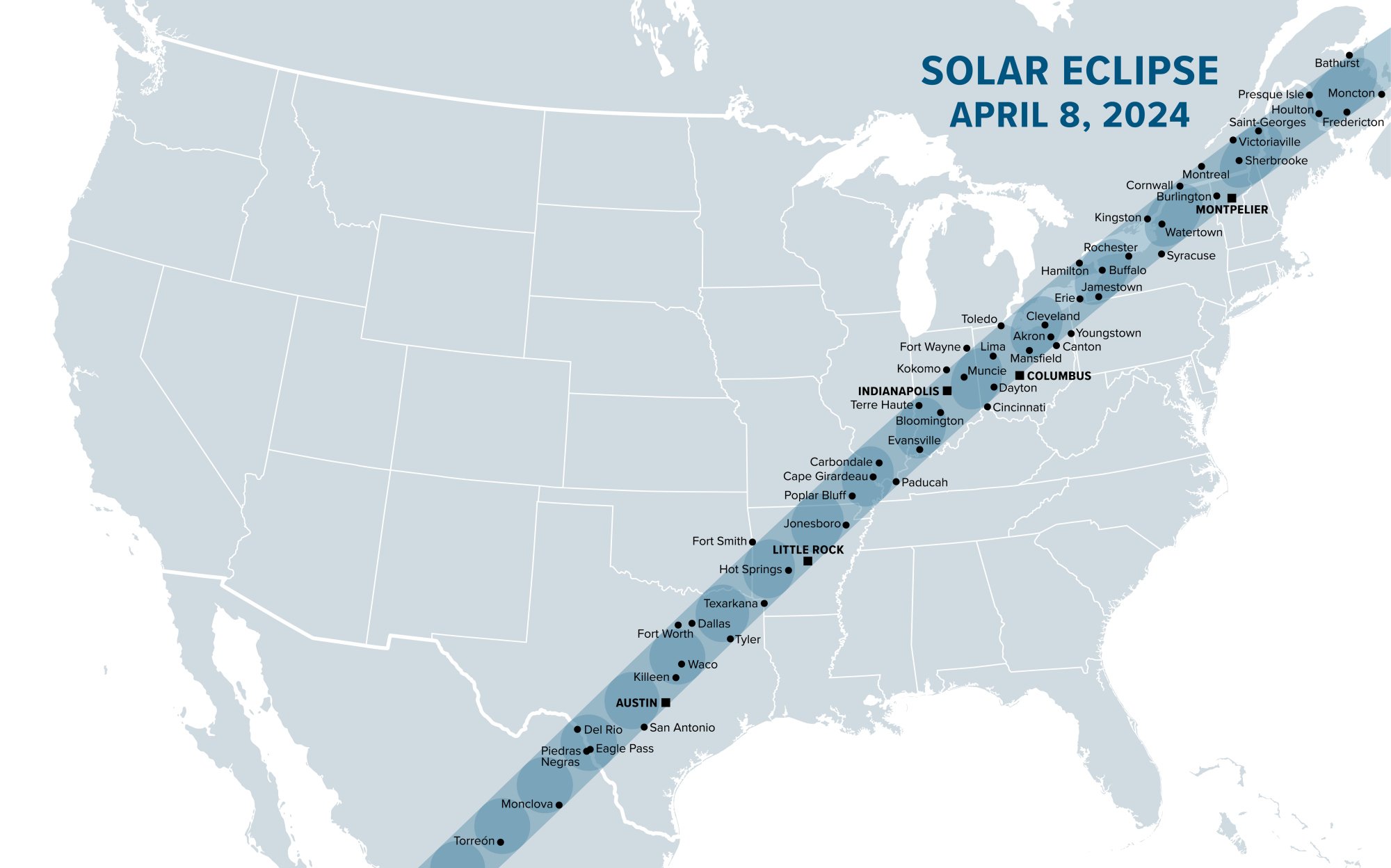 A map of the continental United States showing the eclipse path heading east. 