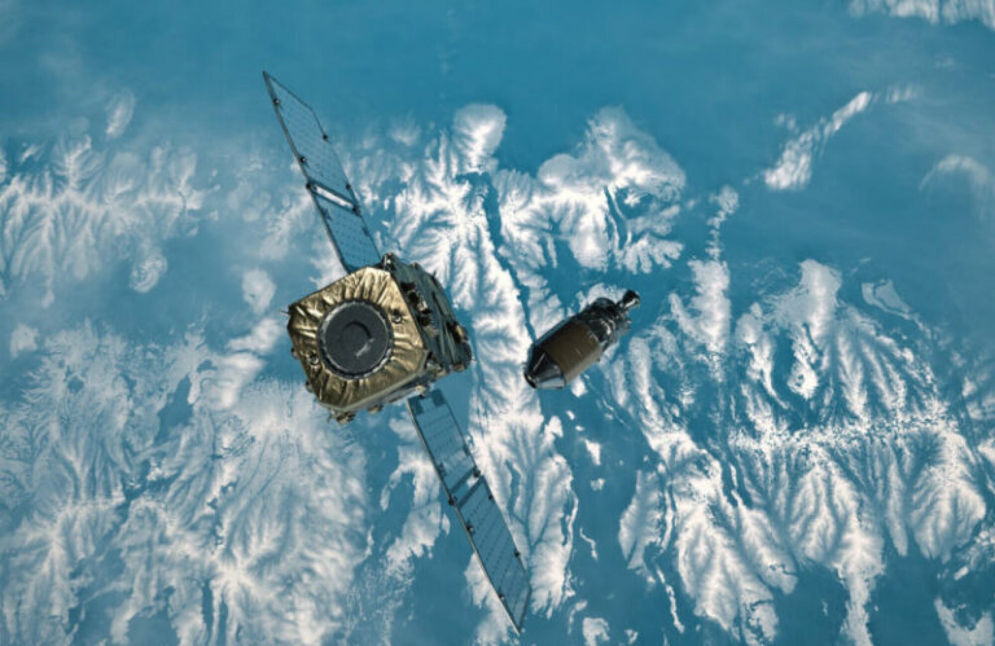 A rendering of the ADRAS-J spacecraft approaching its large space junk target.