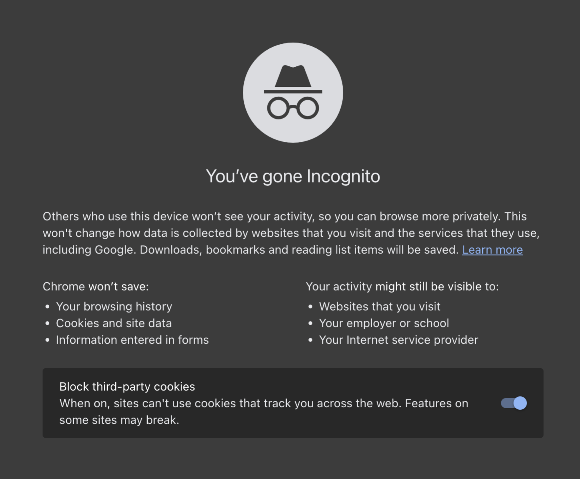 A screenshot of Google Chrome's Incognito mode showing more information.