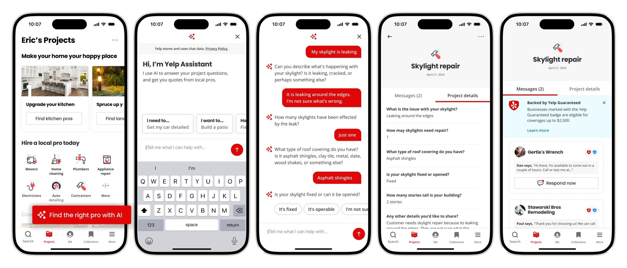 five screenshots of the Yelp Assistant on a smartphone gathering information about skylight repair and connecting the user with relevant businesses