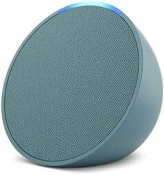a midnight teal colored amazon echo pop smart speaker on a white background