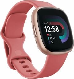 a pink fitbit versa 4 fitness tracker watch on a white background