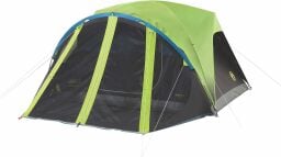 a green coleman tent on a white background