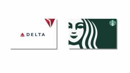 a starbucks gift card and delta gift card on a white background
