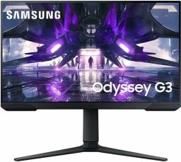 Samsung Odyssey G3 faming monitor with purple and black scene from video game on screen