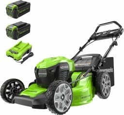 A Greenworks lawn mower with batteries
