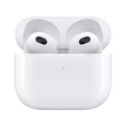 white apple airpods sit in charging case on a white background