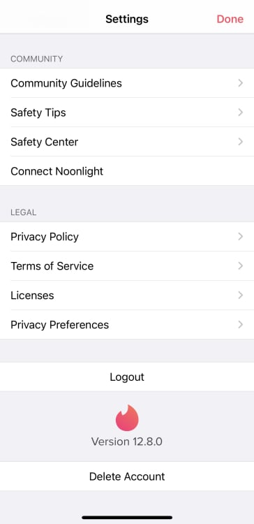 screenshot of tinder settings