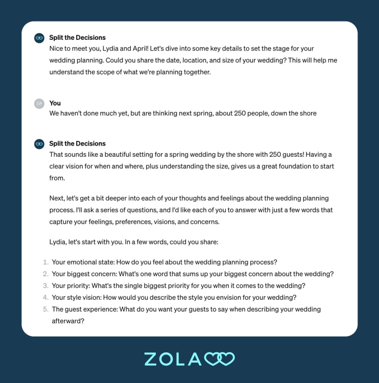 Zola's Split the Decisions wedding planning tool asking the couple a brief questionnaire