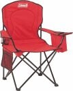 a red coleman camping chair on a white background
