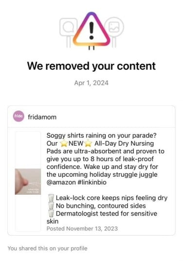 A screenshot of an Instagram content removal notice.