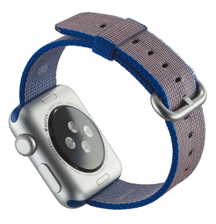 An Apple Watch fitted with a Woven Nylon band, taken on April 25, 2016.