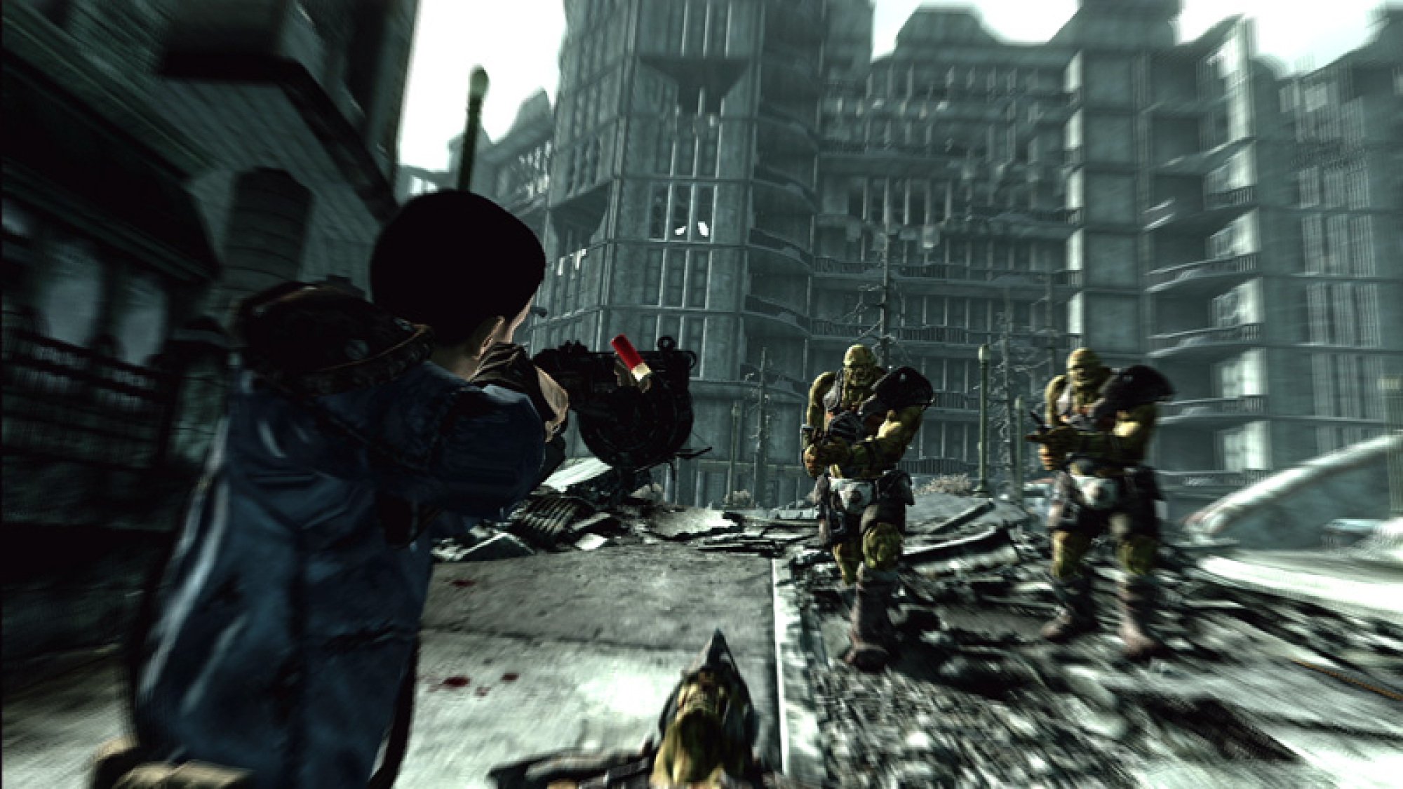 A person in a blue jacket aiming a weapon at armored figures in a desolate urban environment, with rubble and a dead creature on the ground.