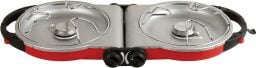 a red foldable two-burner coleman stove