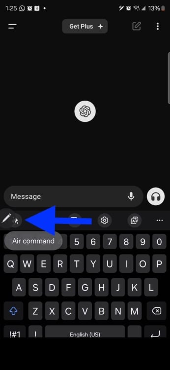 Blue arrow pointing to gray S Pen icon on Android phone
