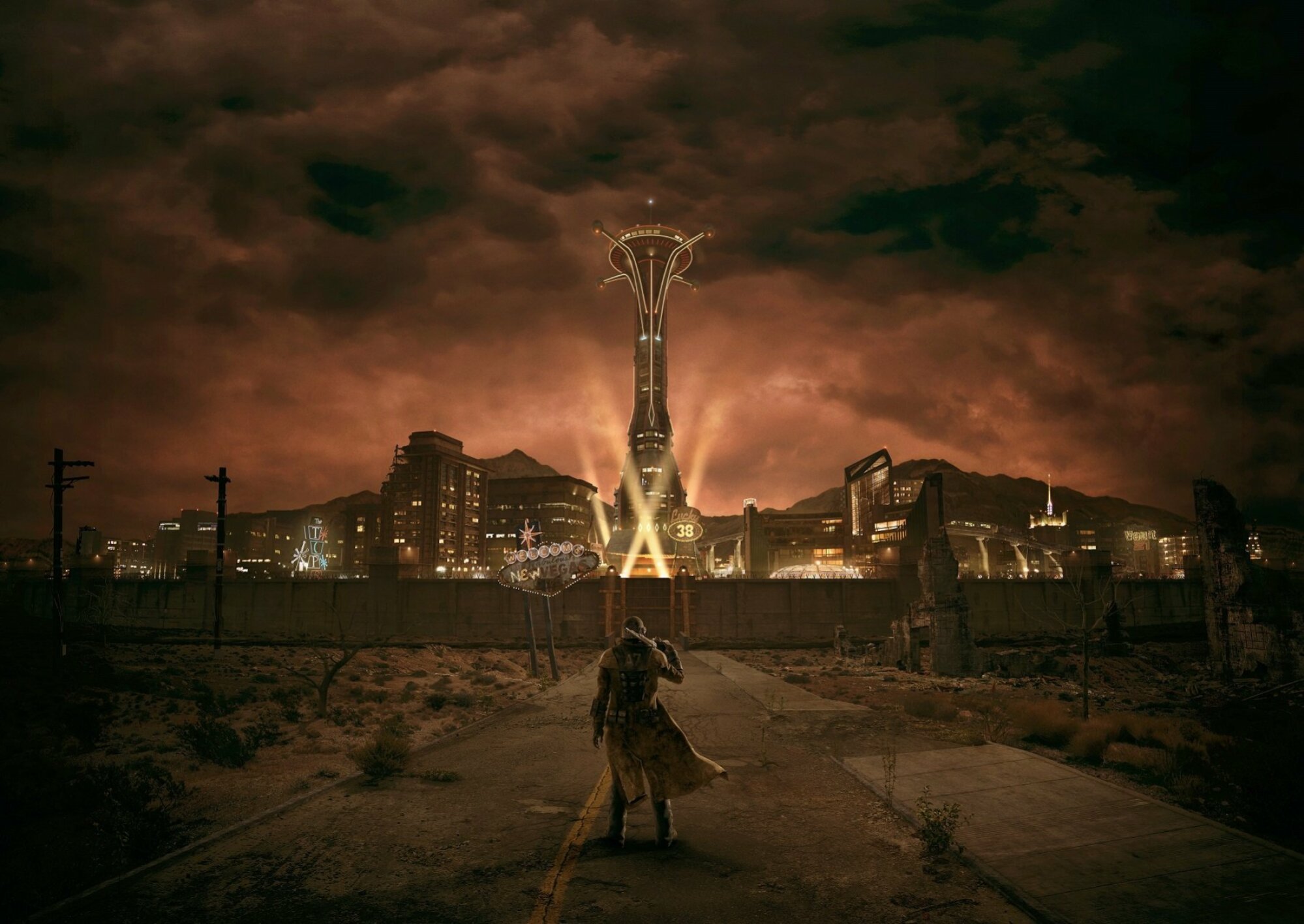 A figure in tattered clothing walks towards a glowing tower with a beacon of light under a stormy sky in a desolate, post-apocalyptic cityscape.