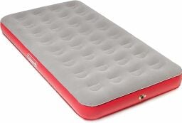 a red and grey coleman inflatable camping mattress on a white background