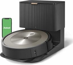 iRobot Roomba j9+ on dock and smartphone with iRobot logo on screen