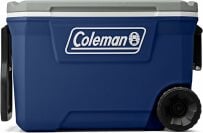 a blue coleman cooler with two wheels on a white background