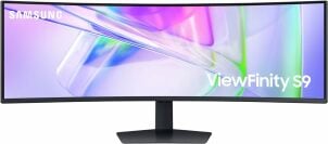 Samsung curved ultrawide monitor with pink, purple, and green abstract screensaver