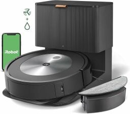 iRobot Roomba j5+ robot vacuum on dock, external water tank, and smartphone with iRobot logo on screen