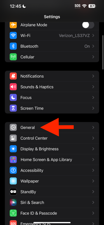 Arrow pointing to 'General' in iOS