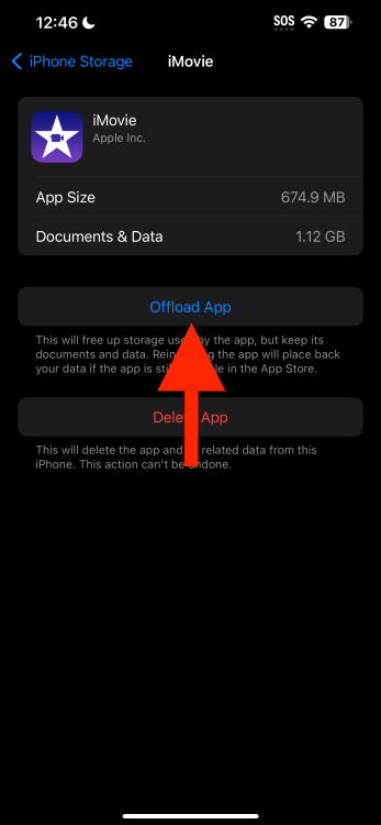Arrow pointing to 'Offload app'