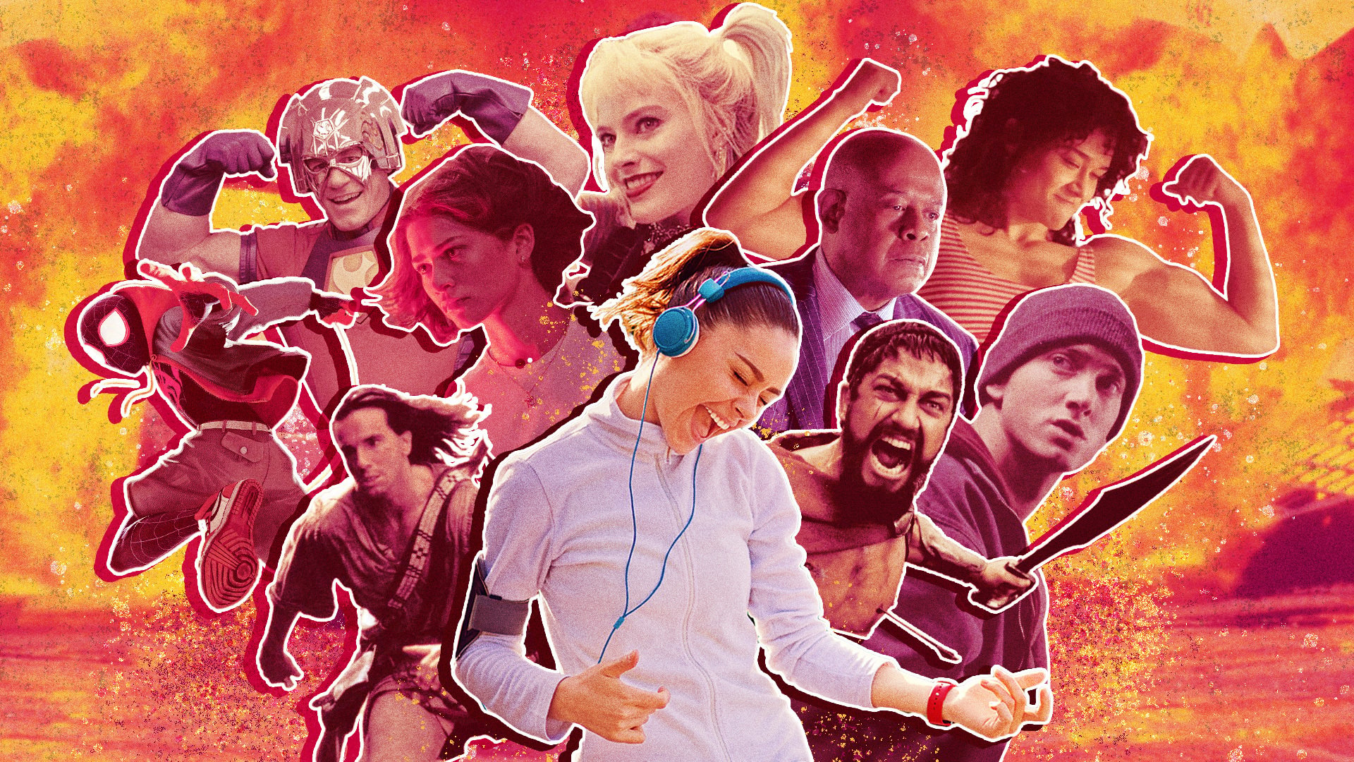 Composite of a woman working out, surrounded by movie and tv show characters. 