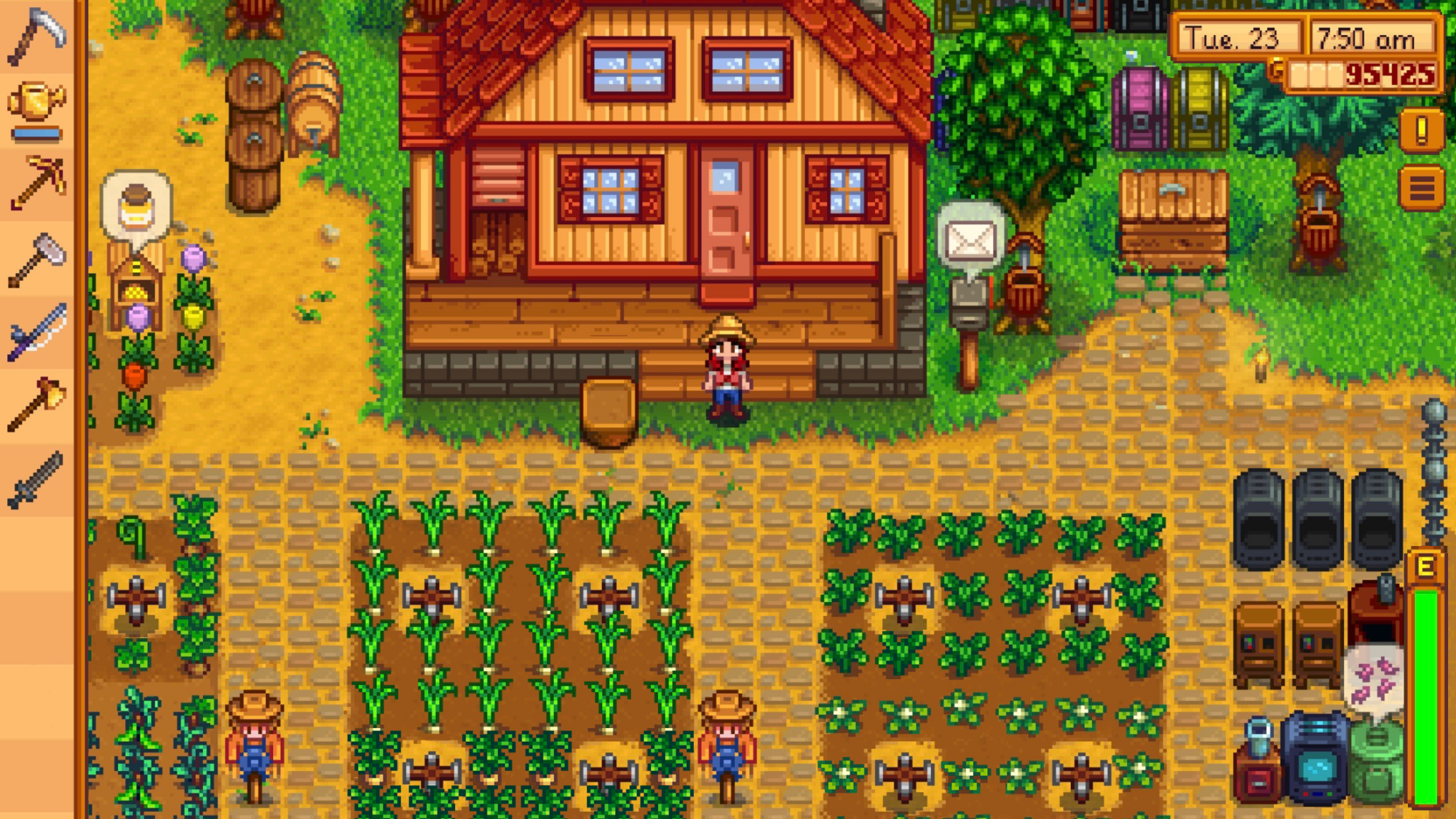 A screenshot of the game Stardew Valley showing the player on their farm.