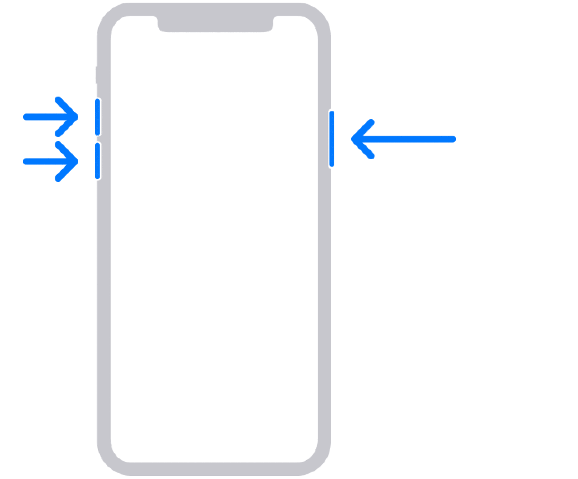 An image of an iPhone with blue arrows indicating which buttons to press in which order.