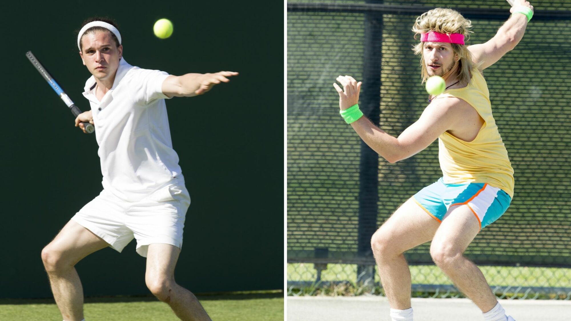 Two tennis players — one in an all-white uniform, one in a neon tank top and shorts — playing tennis.