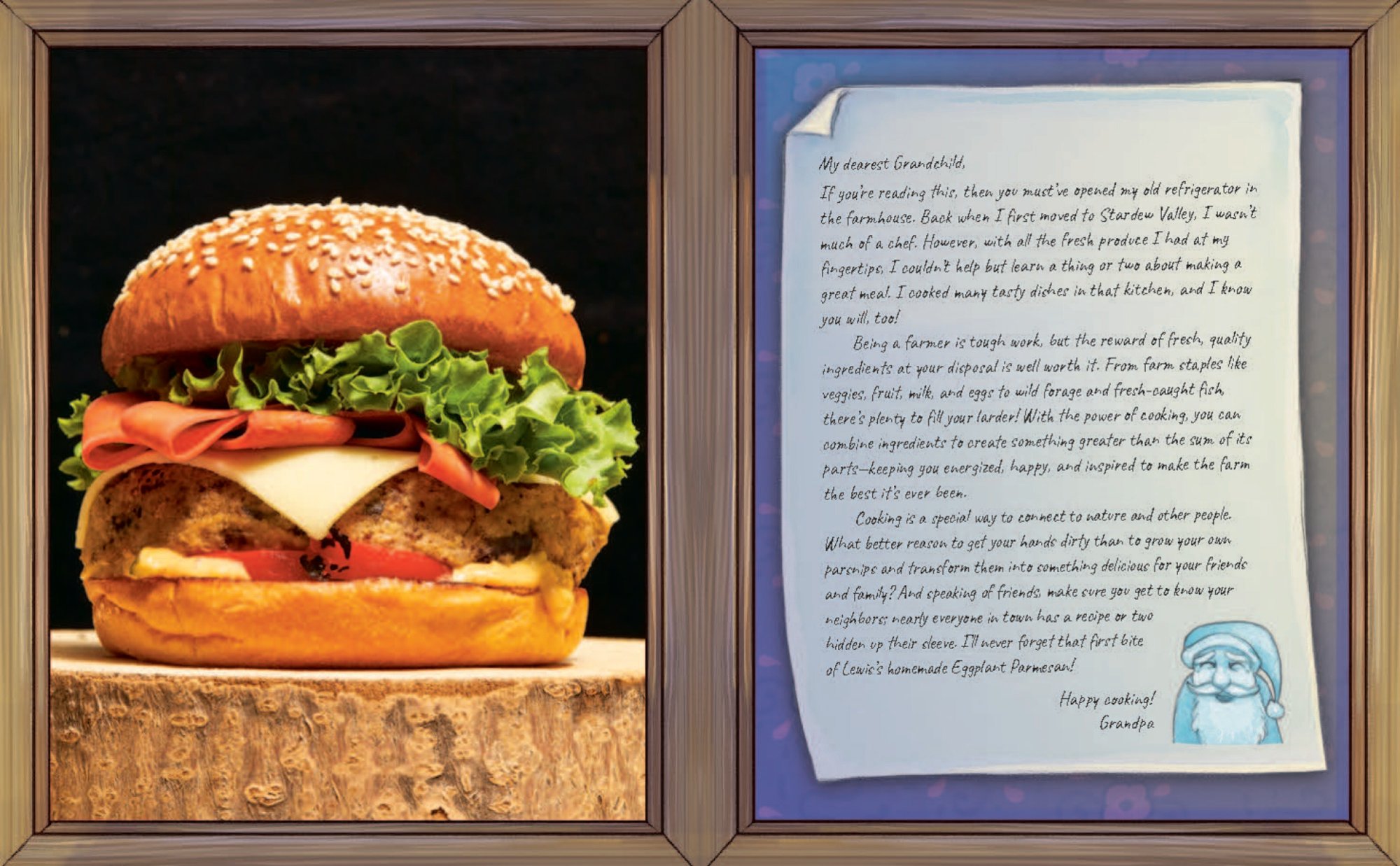 An image from The Official Stardew Valley Cookbook showing a burger and a letter from your grandfather in the game.