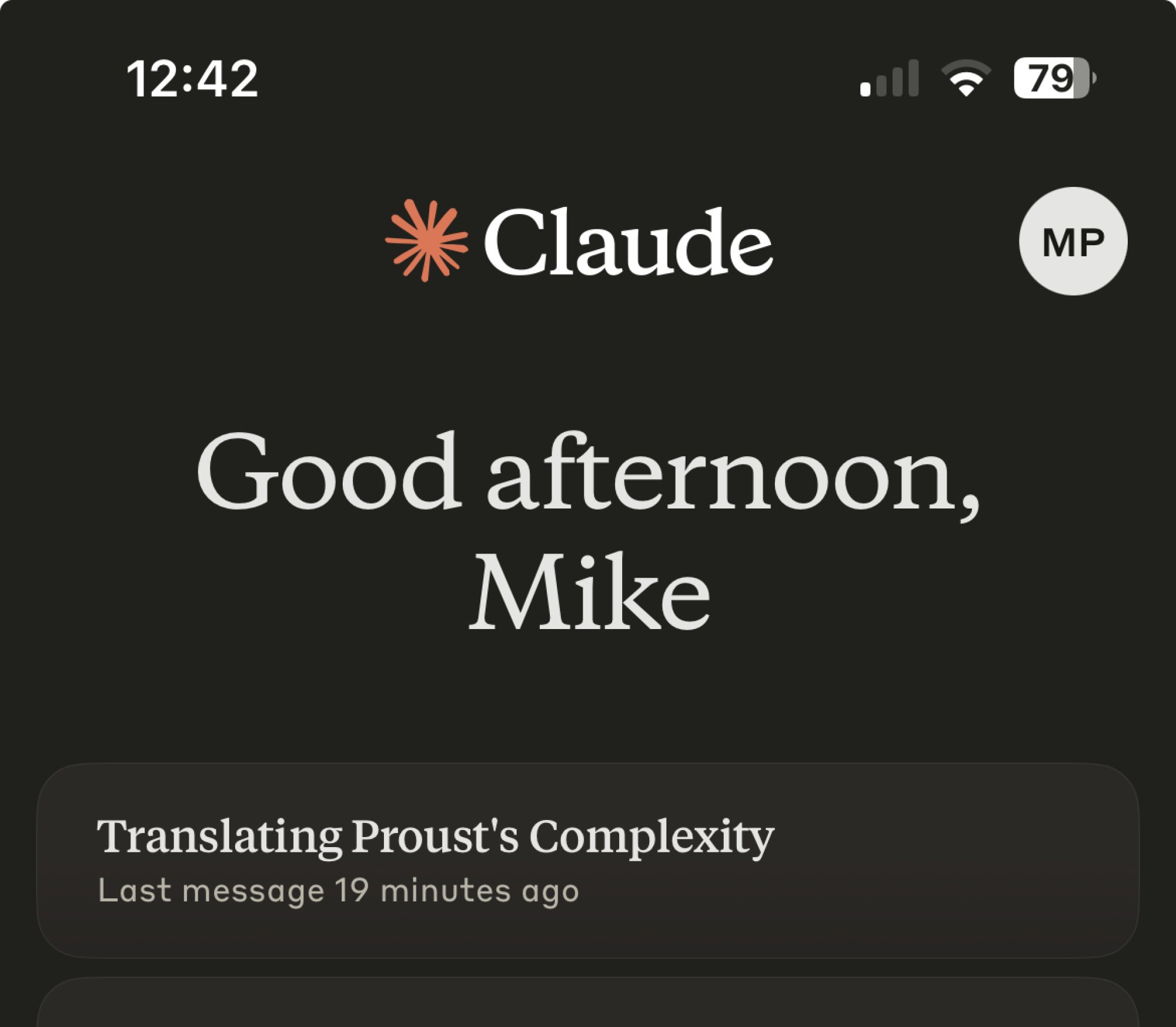 The main page of the Claude app with a message saying, "Good afternoon, Mike"