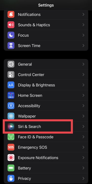 A screenshot of iPhone's settings with "Siri & Search" highlighted.