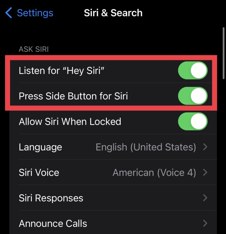 A screenshot for an iPhone showing where to toggle "Listen for 'Hey, Siri'".