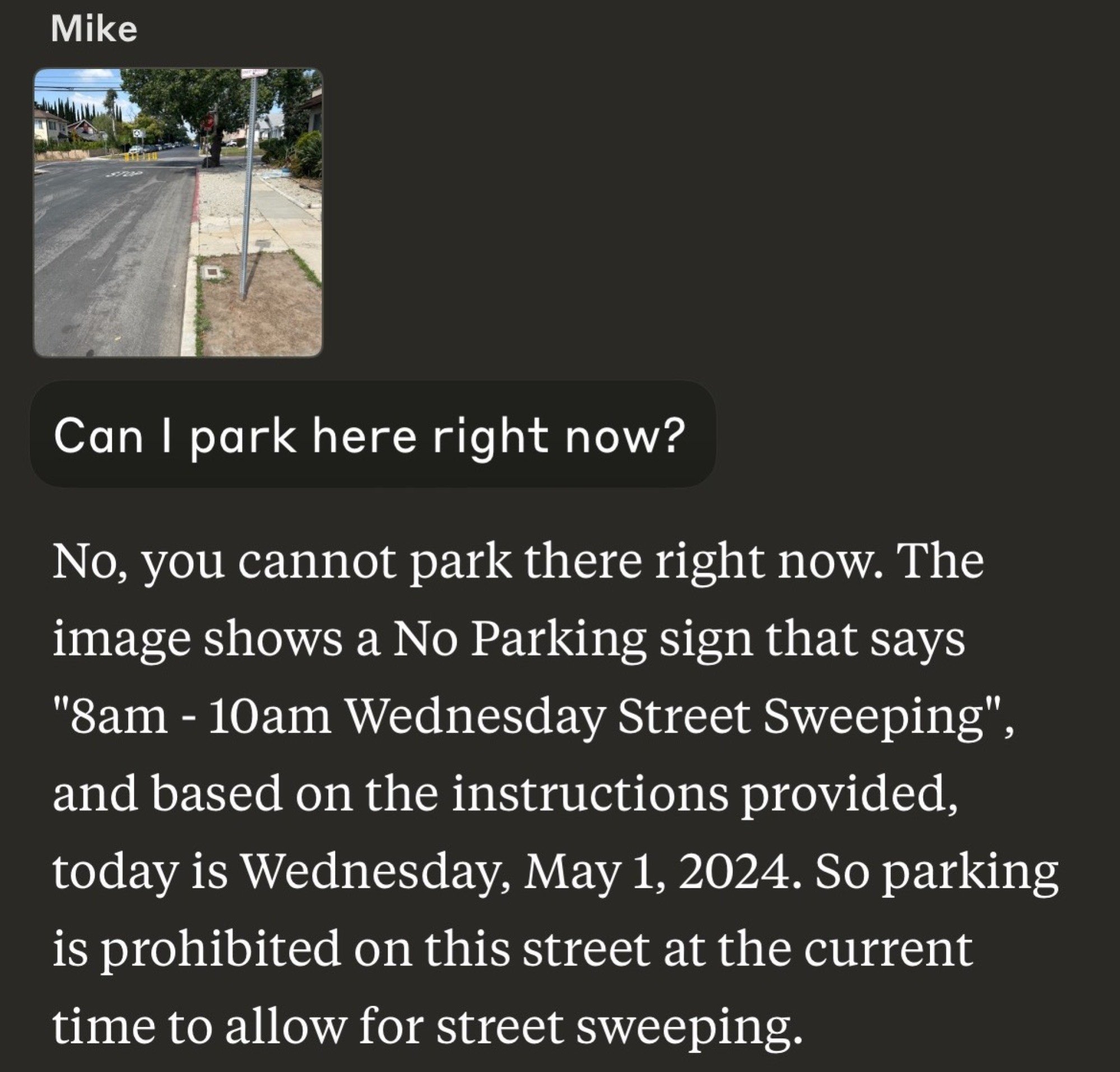 a Claude response showing the chatbot evaluating a parking sign, and being right about the day, but wrong about the time, and telling the user they should not park there