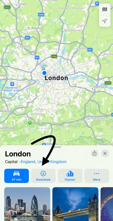 A map of London with an arrow pointing to "download".