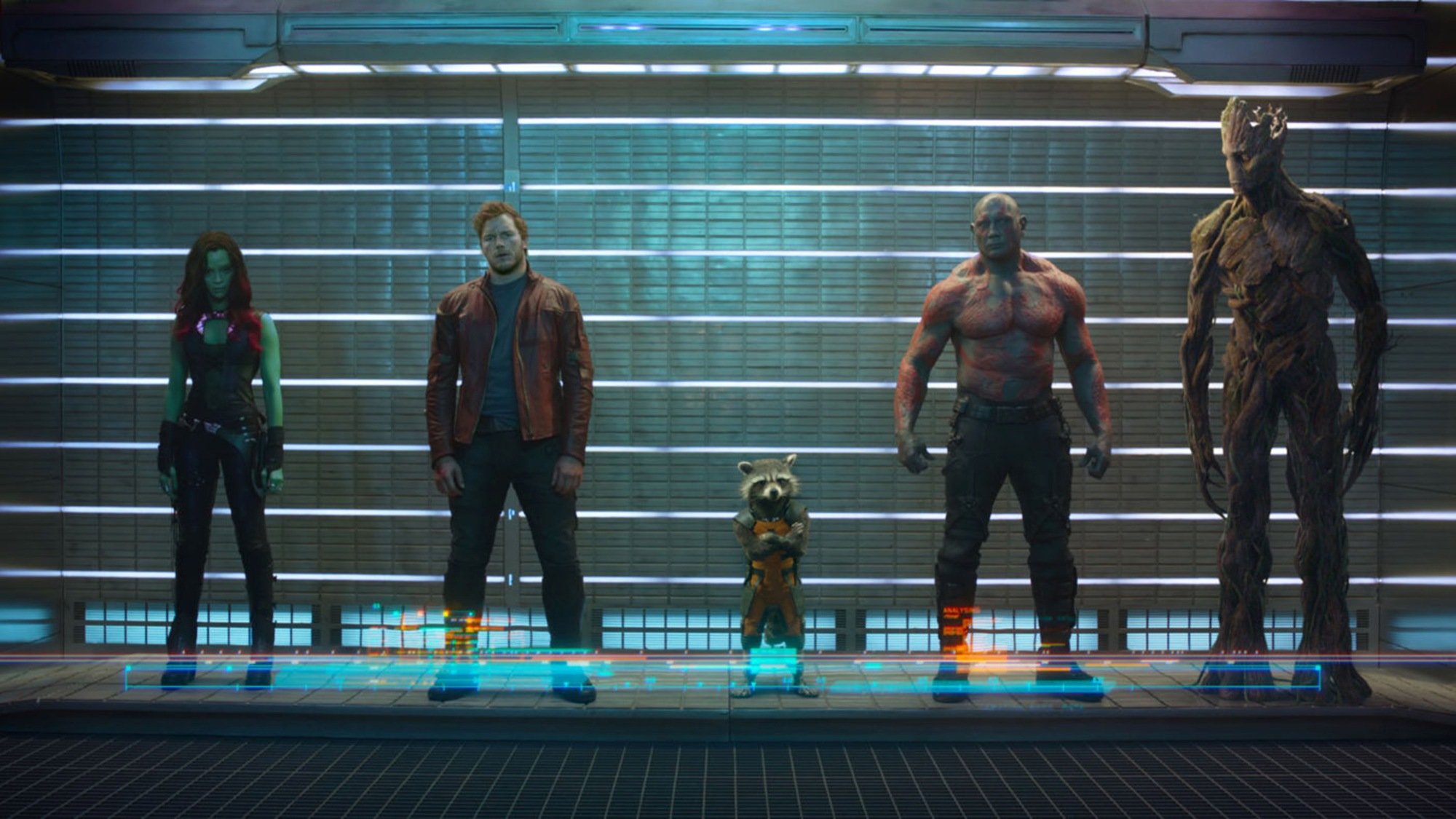 Zoe Saldana, Chris Pratt, Rocket Raccoon, Dave Bautista, Groot in "Guardians of the Galaxy." 