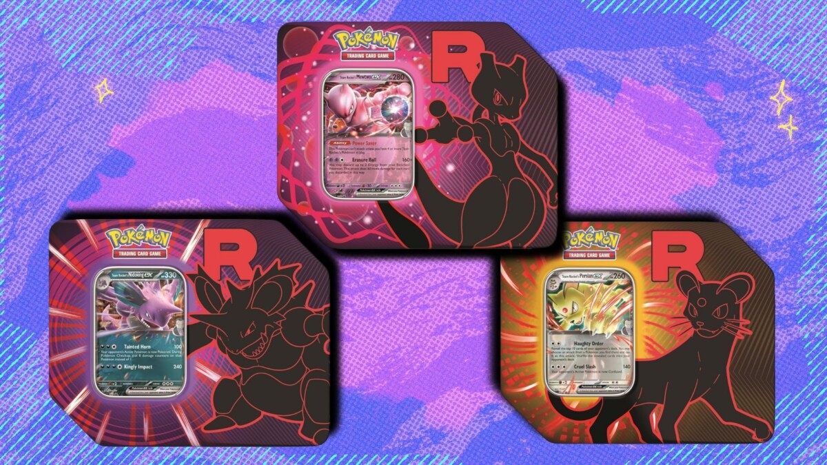 Team Rocket Tin on a purple patterned background
