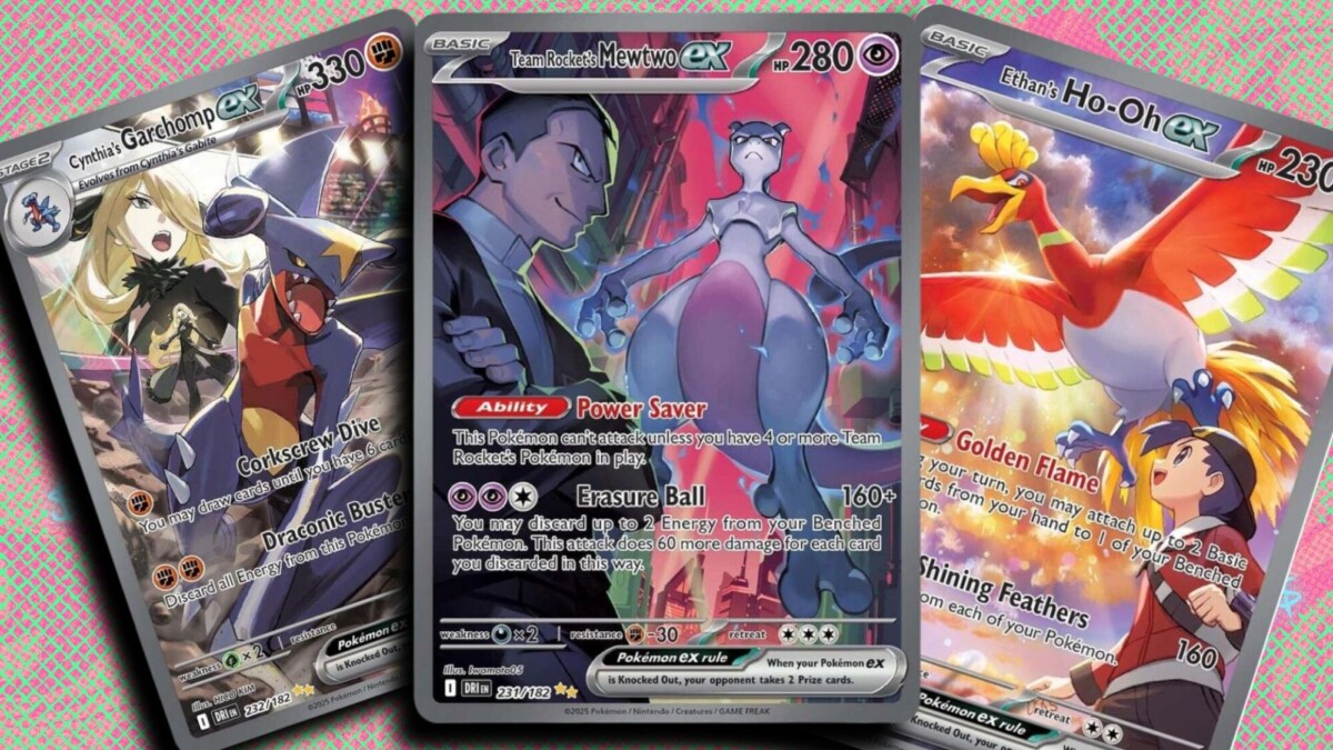 Mewtwo ex - 231/182, Ethan's Ho-Oh ex - 230/182 and Cynthia's Garchomp ex - 232/182 on a pink and green crosshatch background