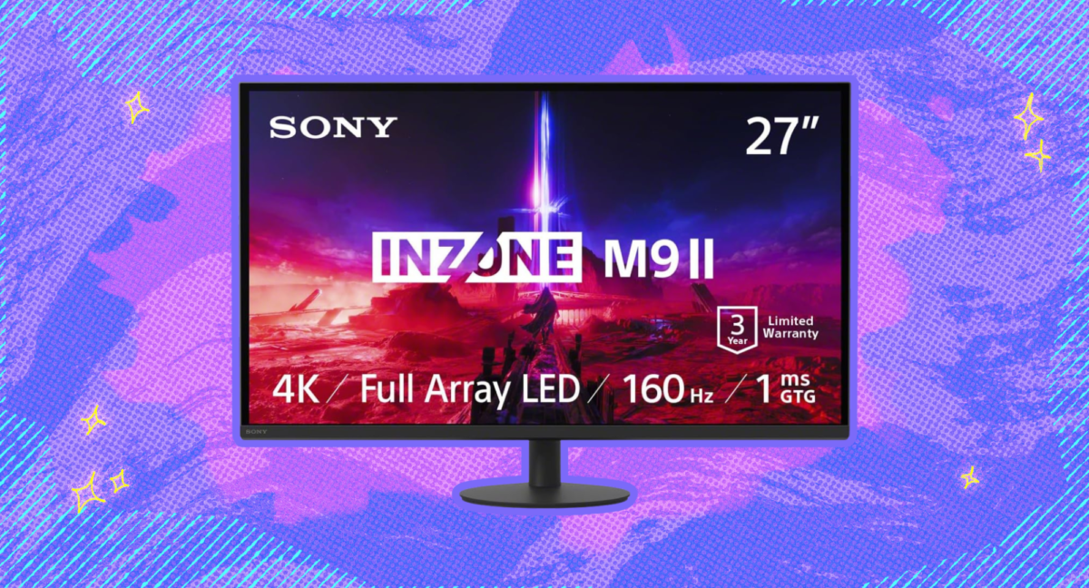 The Sony Inzone M9 II gaming monitor against a purple and pink background.