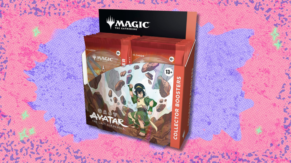 Magic: The Gathering Avatar: The Last Airbender Collector Booster Box on pink and purple abstract background