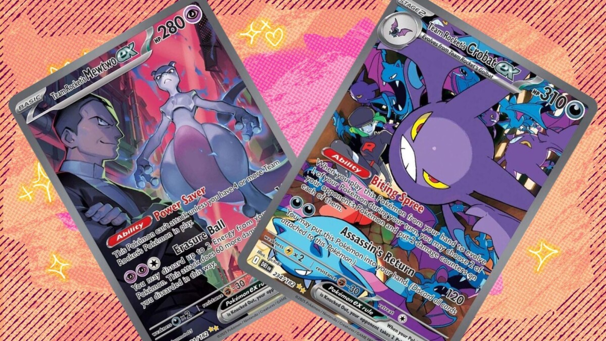 Team Rocket's Mewtwo ex SIR and Team Rocket's Crobat ex SIR on a orange and red background