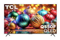 TCL QLED TV with Christmas ornaments on screen