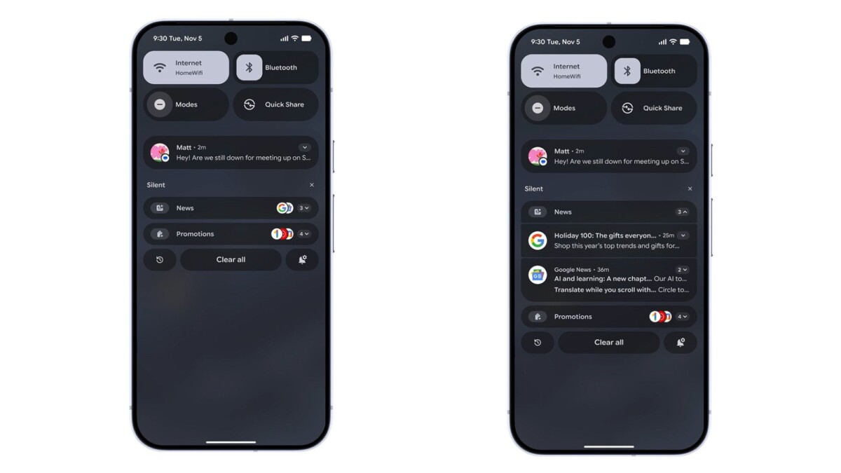 two pixel devices showing new android 16 features