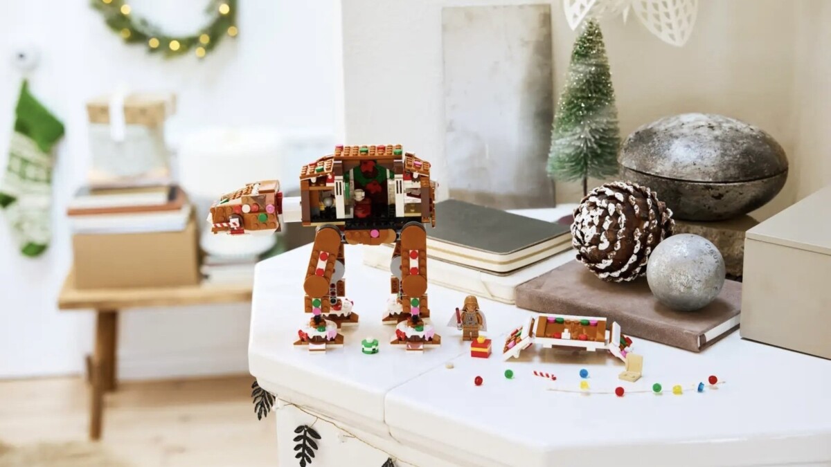 lego gingerbread at-at walker on mantel