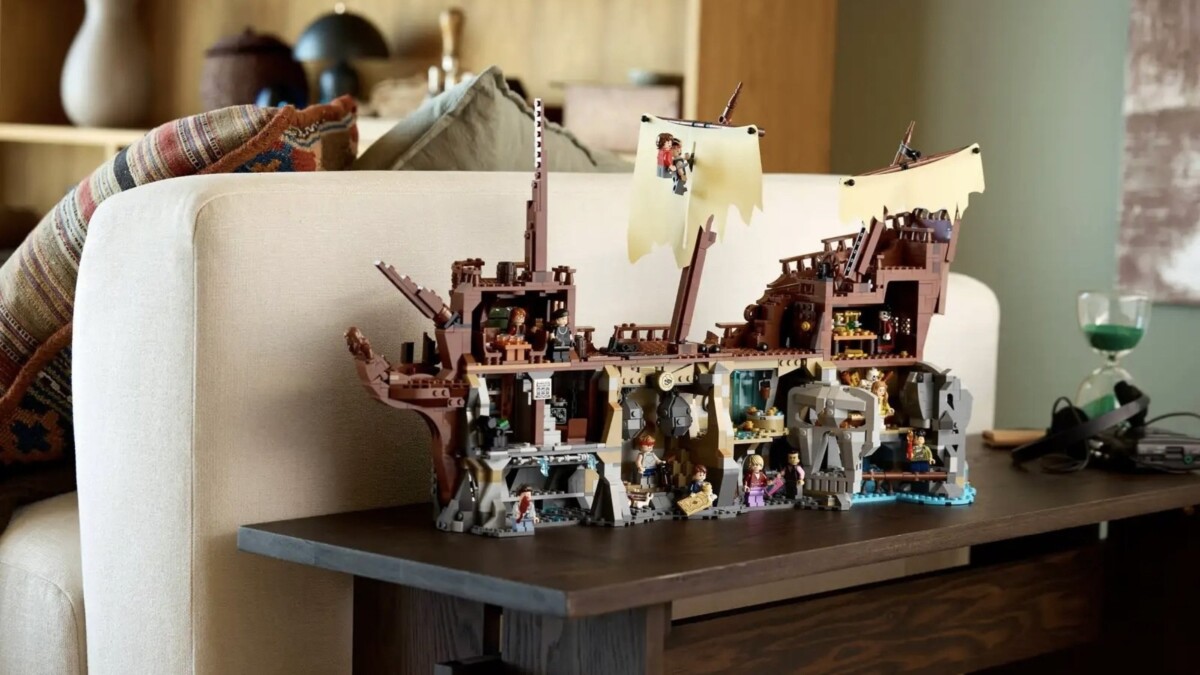 Lego Ideas The Goonies set on side table next to couch in living room