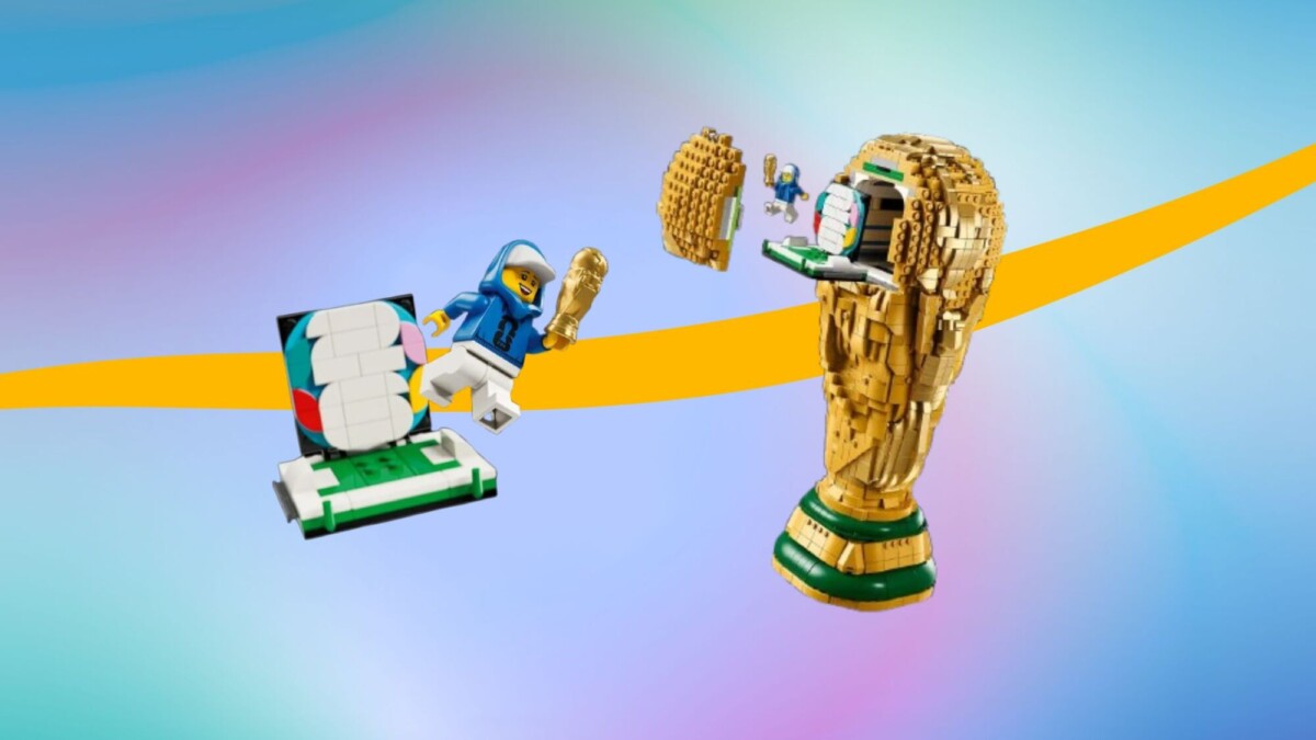 Lego Editions FIFA World Cup Official Trophy and minifigure on gradient background