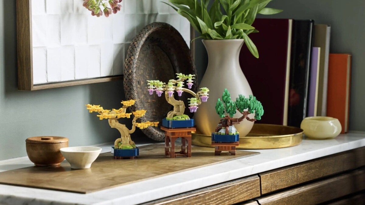 lego bonsai trees on sideboard