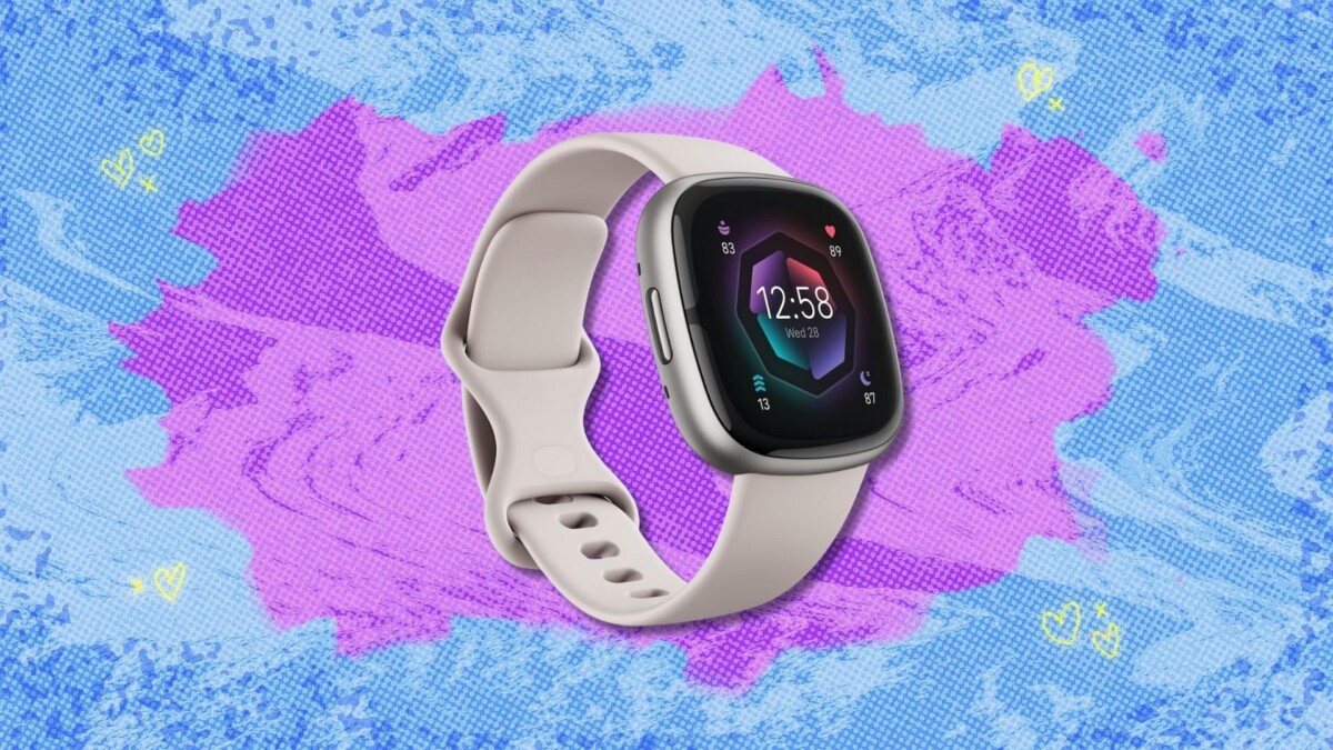 fitbit sense 2 against a blue and purple patterned background